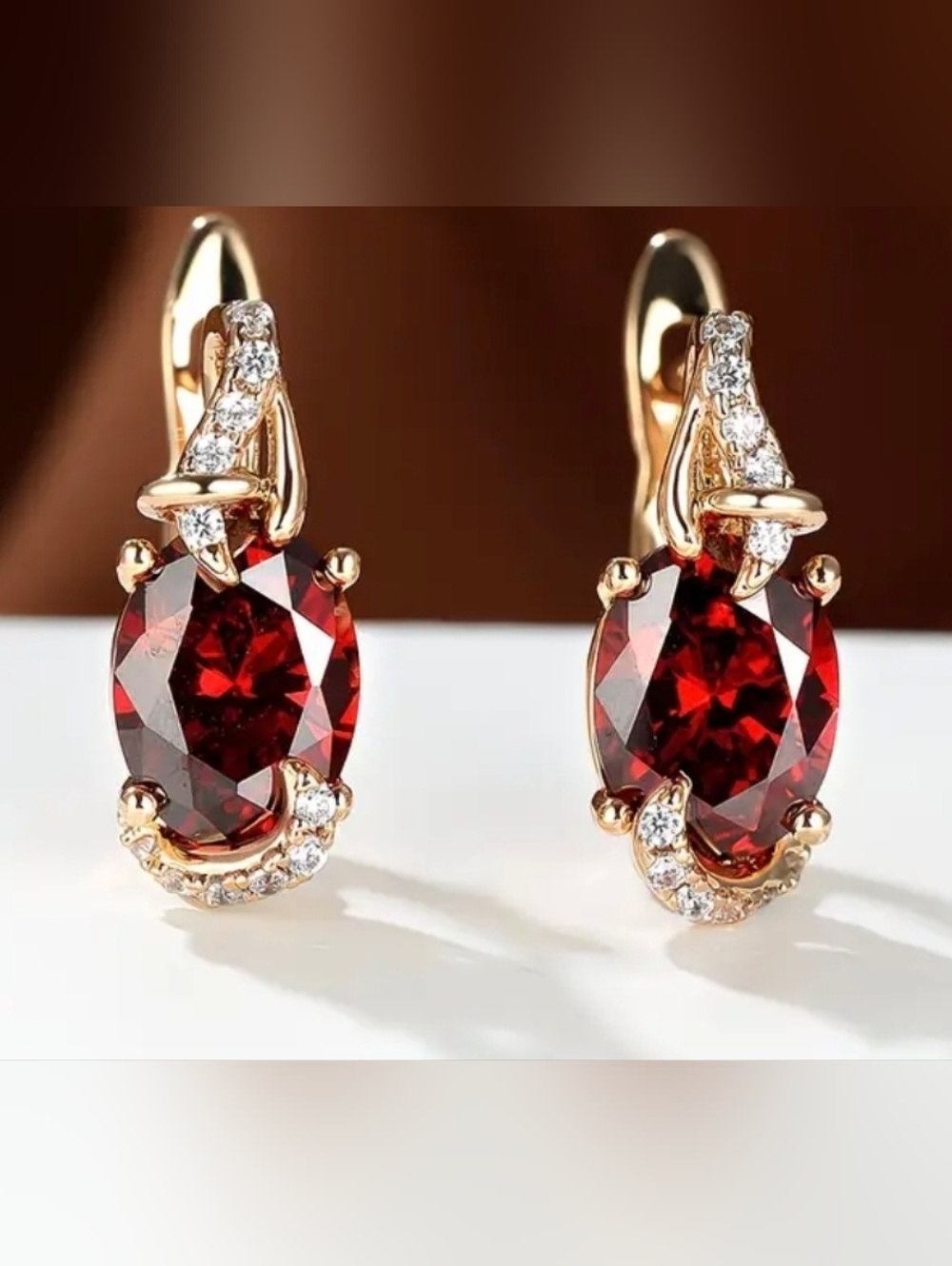 Elegant Gold Garnet Drop Earrings with Pavé Accents
